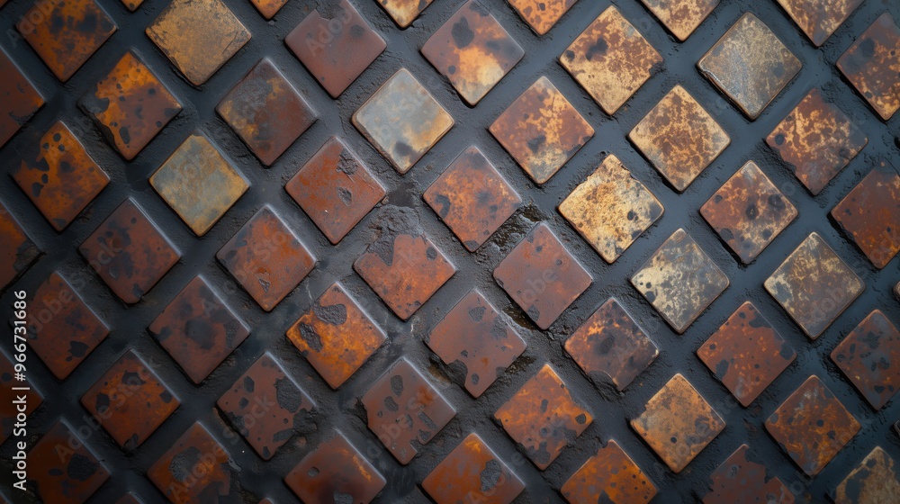 Poster the image is of a worn and rusted metal surface with a pattern of squares. the surface appears to be