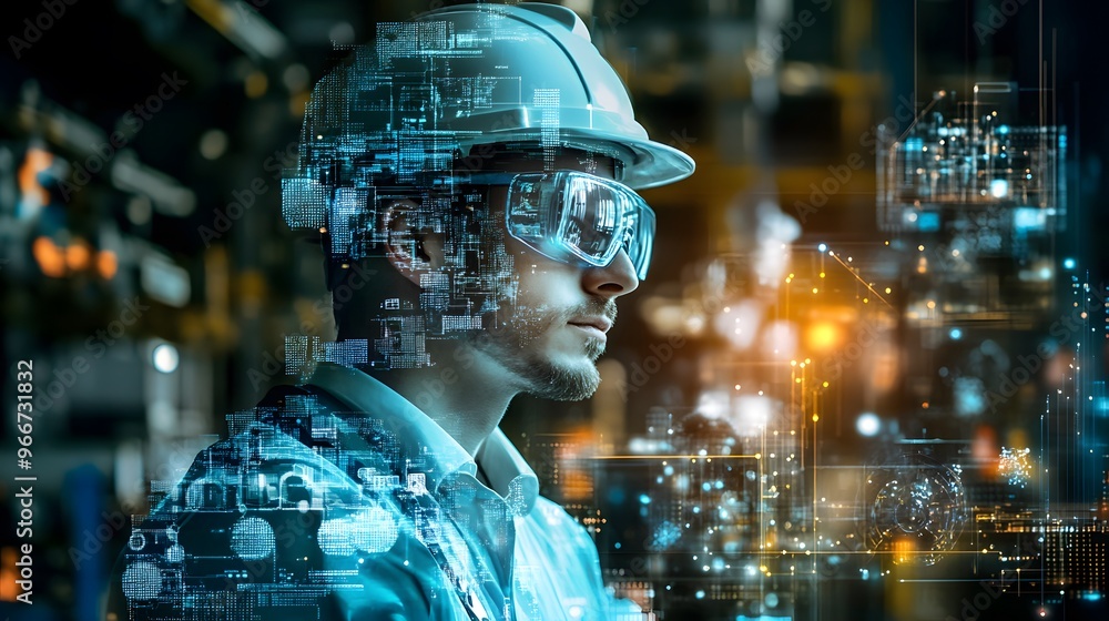 Poster a man wearing a hard hat is looking at a computer screen with a 3d image of a building