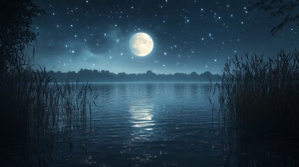 Fototapeta premium Serene Nighttime Lake Scene with Full Moon and Starry Sky