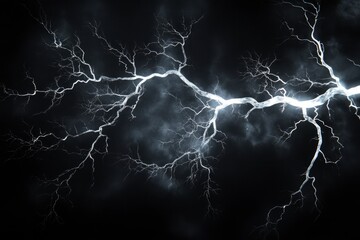 lightning bolt. Massive lightning bolt with branches isolated on black background. lightning effects and lighting thunderstorm , ai