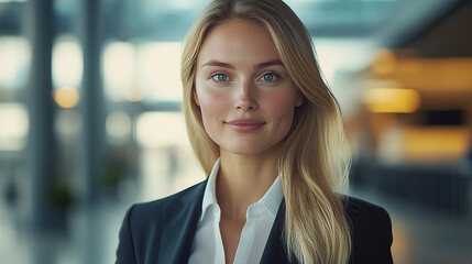 Fototapeta premium a woman in a business suit with blonde hair, slight smile looking at the camera