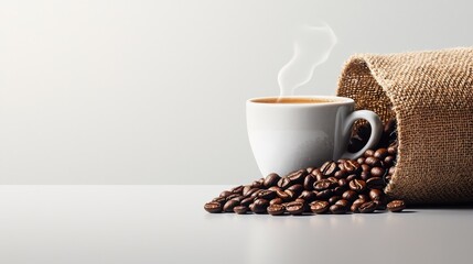 A Serene Watercolor Art of Coffee Beans in a Burlap Sack with Freshly Brewed Cup and Copy Space for Text