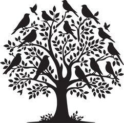 black tree silhouettes Vector with birds, birds silhouette vector