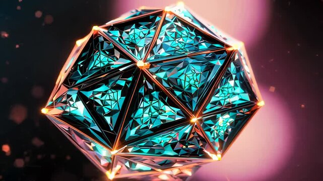 Intricate dodecahedron with silvery geometric patterns rotating in void space. Complex pentagonal faces showcase neural network-like designs. 