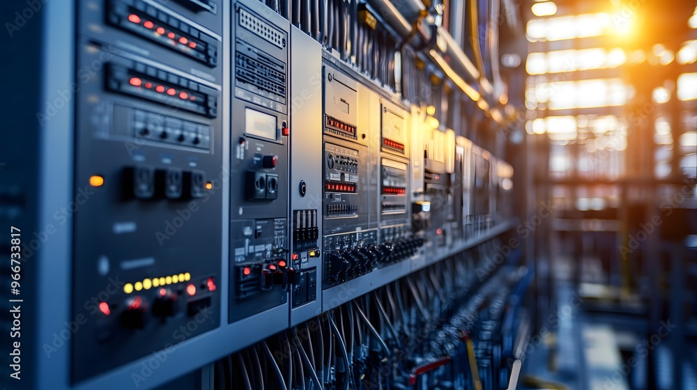 Poster a row of electrical panels with red lights on them. the panels are connected to a power source