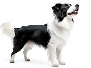 A cheerful black and white dog stands proudly, showcasing its playful demeanor and vibrant personality against a white background.