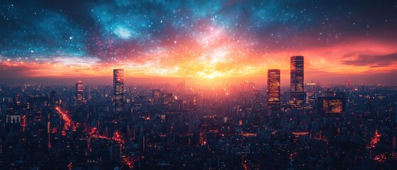 Obraz premium Cityscape at Twilight with a Starry Sky Above