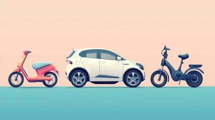 Fototapeta premium Sustainable Mobility Solutions Electric Scooter Motorcycle and Compact Car in Urban Setting