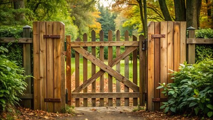 A wooden fence gate slightly ajar symbolizing curiosity, exploration, mystery, and invitation