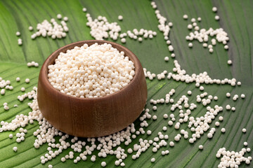 Sagu starch balls - Tapioca pearls in the bowl. Manihot esculenta.