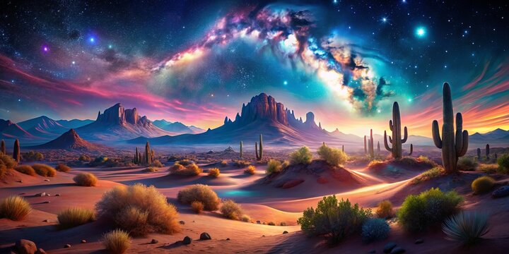 Enchanting neon desert landscape under starry sky, a dreamy and magical scene perfect for fantasy and wanderlust concepts