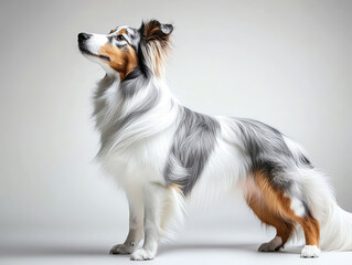 A beautiful, elegant dog stands gracefully, showcasing its vibrant coat and alert posture against a minimalistic background.