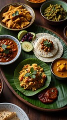 A beautifully arranged platter of traditional vegetarian Indian dishes, including fresh fruits, vegetables, lentils, rice, and flatbread (roti).
