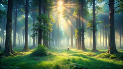 Obraz premium Mystical forest glade with towering fog pillars and ethereal sunlight