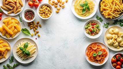 Top view of an assortment of pasta plates isolated on white background