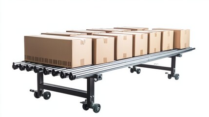 Modern Warehouse Logistics with Conveyor Belt and Stacked Cardboard Boxes