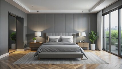 Fototapeta premium Spotless elegant minimal bedroom in shades of grey, minimalist, contemporary, sleek, clean, stylish, chic