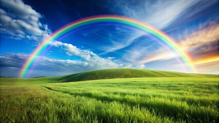 Naklejka premium A surreal landscape with a clear sky, lush grass, and a vibrant rainbow, minus the fruit tree in the foreground