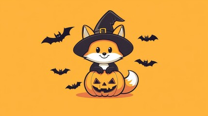 A charming cartoon fox dons a witch hat, cozily perched beside a carved pumpkin, set amidst playful bats for Halloween vibes.