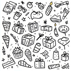 Celebrate with a fun birthday doodle pattern featuring bold black outlines on a pure white background for endless creativity.