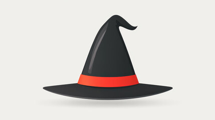 A sleek black witch hat adorned with a bold red strip, perfect for Halloween festivities or whimsical illustrations.