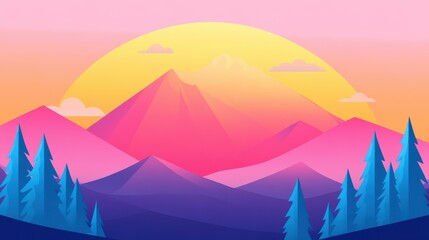 A serene mountain peak at sunrise, featuring soft light and charming textures in a vibrant flat vector style.