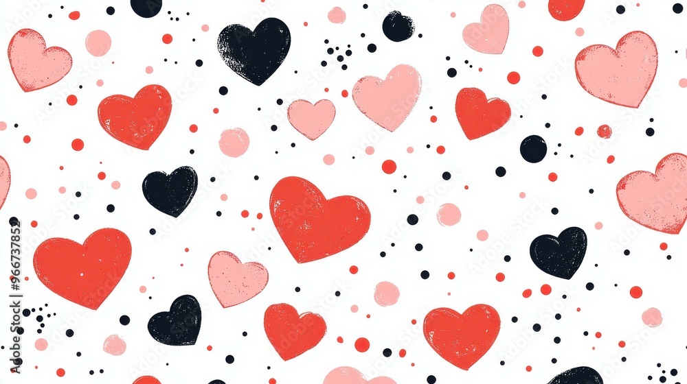 Poster a charming seamless pattern featuring hearts and dots on a soft pink and white background, perfect f