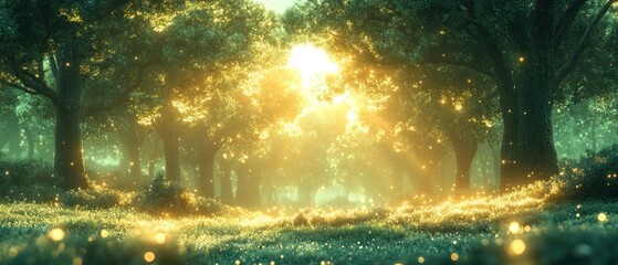 Sunlit Forest Path with Glowing Fireflies and Misty Atmosphere