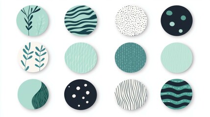 Fototapeta premium Vibrant round badges with mint, green, and blue hues, showcasing modern cartoonstyle textures for a fresh look.