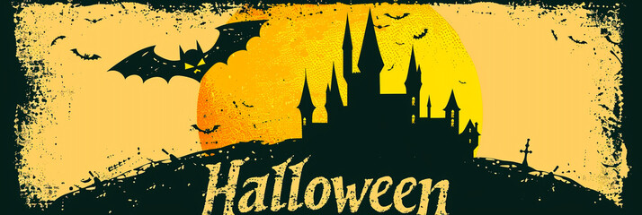 Illustration of black bats flying around a castle against a Halloween-themed yellow moon.