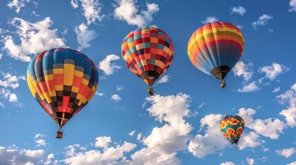 Colorful hot air balloons soaring in a bright blue sky with fluffy clouds.