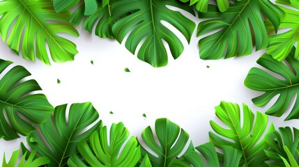 A vibrant arrangement of tropical leaves framing a blank space for text or design.