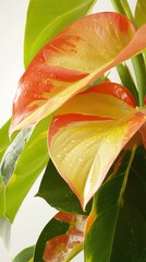 Close-up of vibrant, multicolored plant leaves with water droplets, showcasing nature's beauty.