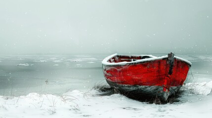 A solitary red boat rests on snow-covered ground near a frozen lake, surrounded by a serene winter landscape.