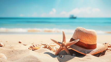 A serene beach scene featuring a straw hat and starfish on sand, evoking relaxation and summer vibes.