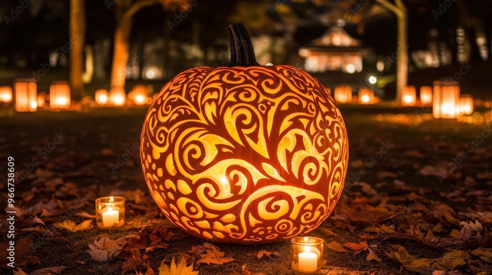 Wall mural A stunning carved pumpkin with paisley patterns glows softly, enhancing the charm of autumn leaves and Halloween vibes.