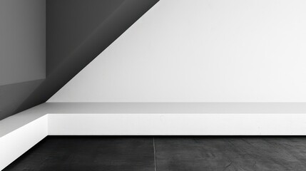 A minimalist interior space featuring a stark contrast between black and white surfaces.