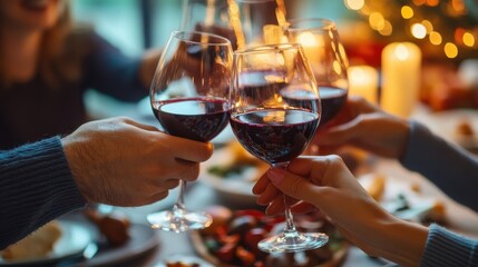 A group of people are raising their wine glasses in a toast