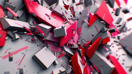 A dynamic explosion of geometric shapes in red and gray, showcasing modern graphic design elements.