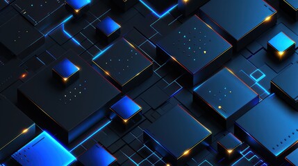 Abstract digital design featuring glowing cubes and geometric patterns in a dark background.