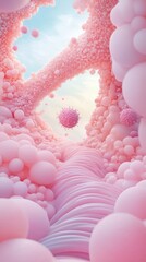 Pink and white spheres in a pink tunnel