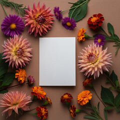  Asters, dahlias, and marigolds. This floral greeting card captures a chic, natural decorative style showcased in a flat lay arrangement.