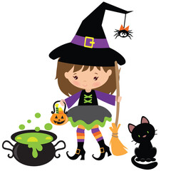 Cute Halloween witch with broom and pumpkin basket vector cartoon illustration