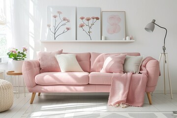 Modern pastel living room with sofa, minimalistic Scandinavian design, decorative items, and white wall posters.