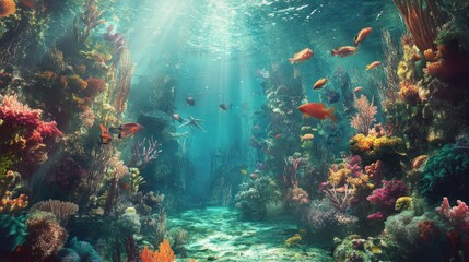 Fototapeta premium Vibrant Coral Reef with Sunbeams