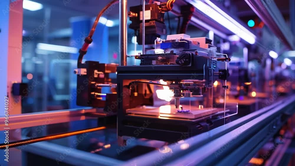 Poster modern 3d printer creating new prototype in laboratory using innovative technologies. engineering an