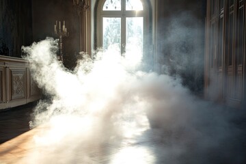 White smoke or fog flowing across the floor creates a mysterious and ethereal atmosphere. This effect is perfect for enhancing the ambiance of theatrical productions, photo shoots, or special, ai