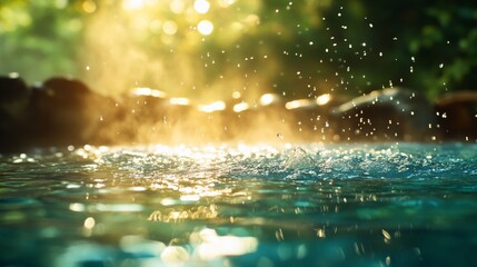 Water Droplets Falling into a Tranquil Pool with Sunlight and Green Foliage
