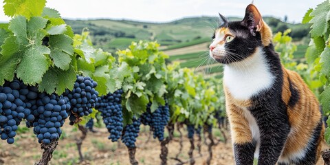 Curious Calico Cat Exploring a Picturesque Vineyard with Lush Green Grapevines and Plump Clusters of Ripe Grapes, Sunny Day in Countryside