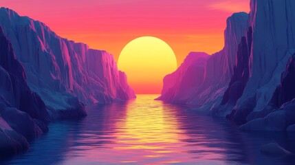 A Sunset Over a Calm Sea Between Two Cliff Faces